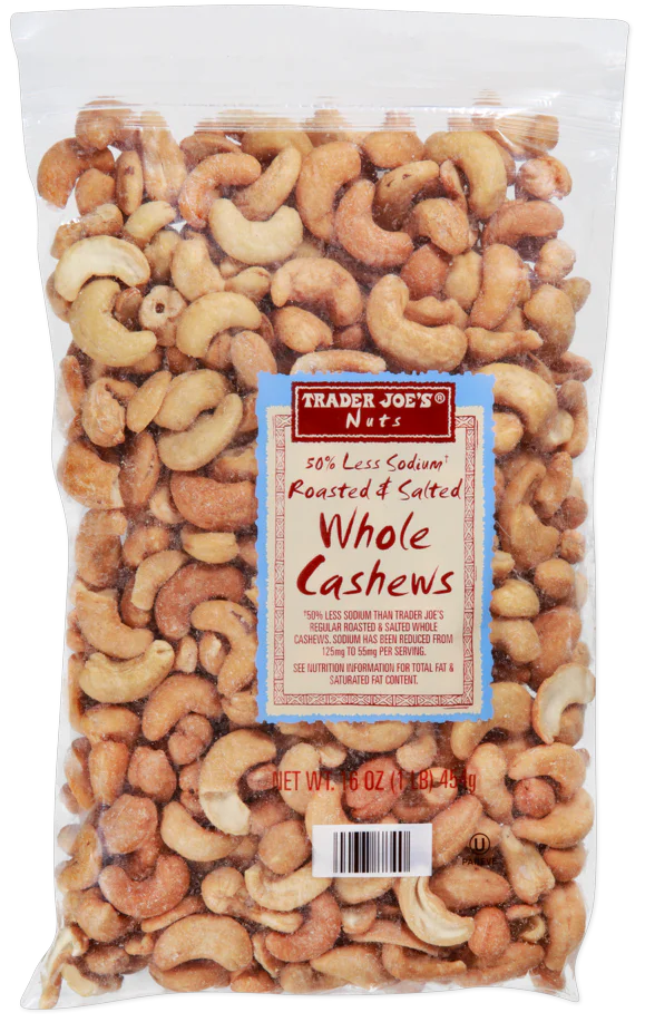 50% Less Sodium Roasted & Salted Whole Cashews